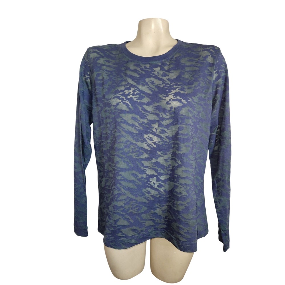 Aventura Womens Blue Camo‎ Burnout Long Sleeve Crew Neck Top M breathable casual